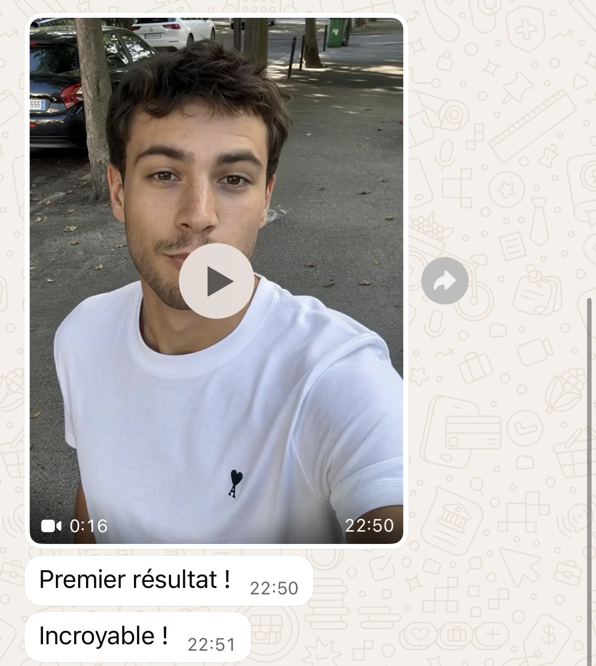 Retour client Pamelys : Premier résultat ! Incroyable ! Capture fixe du message.